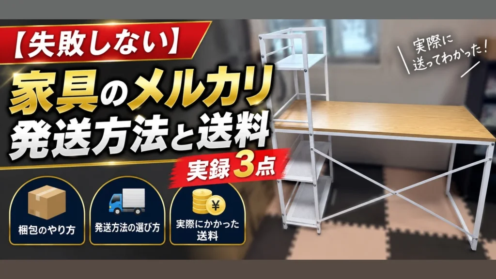 メルカリで発送したラック付きデスクと「家具のメルカリ発送方法と送料」のタイトル